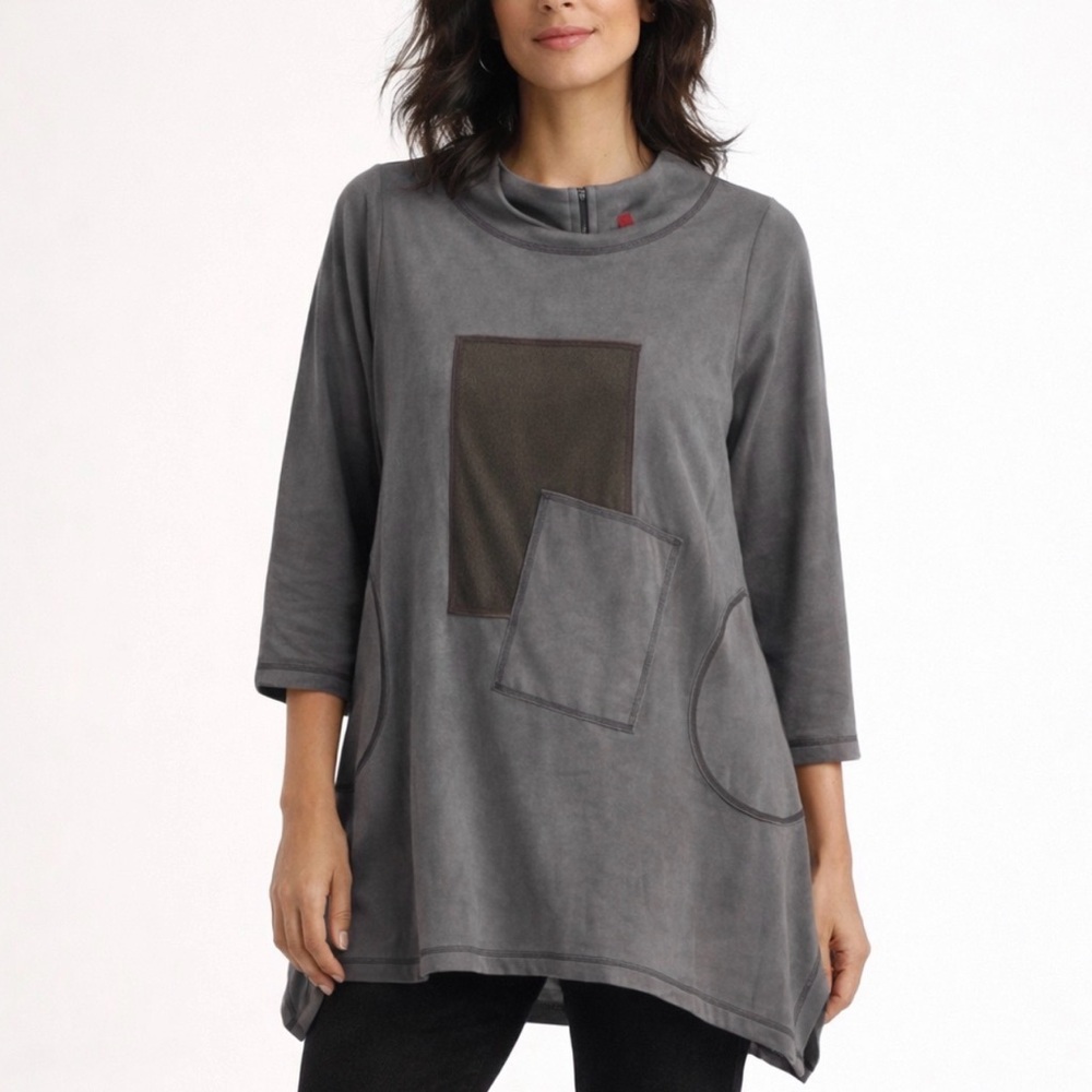 IC By Connie K Medium Gray Wearable Art Tunic Shirt Top Artsy Lagenlook Boho EUC